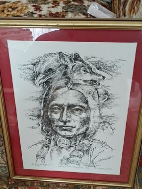 Framed Native Portrait Pen & Ink Art Print in Red Mat